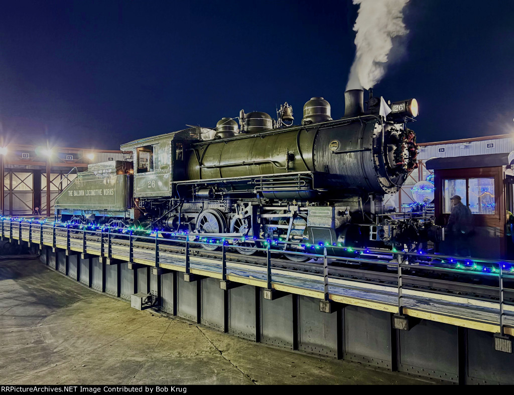 BLW 26 on Steamtown's turntable at the end of the day's operations